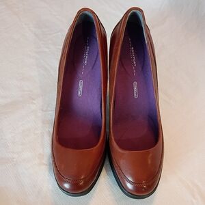 Rockport Walkability 3.5" Heel Round Toe Leather Pumps in Cognac Platform SZ 9